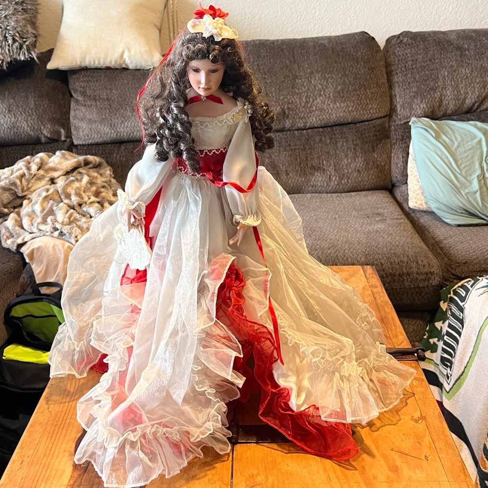 22” Porcelain Doll Fluffy Evening Gown Vintage Comes with Doll Stand Fluffy Red